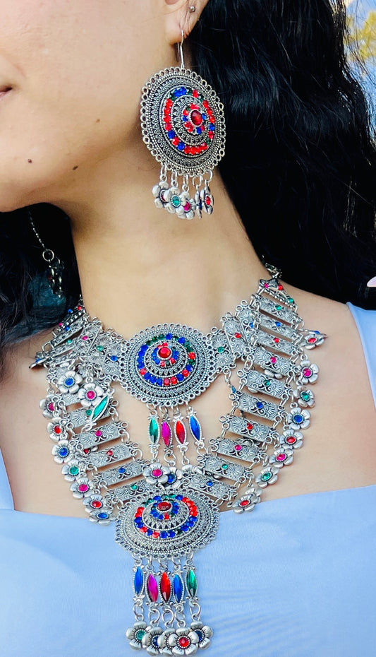 Silver-Plated Multicolour Afghan Jewelry Set