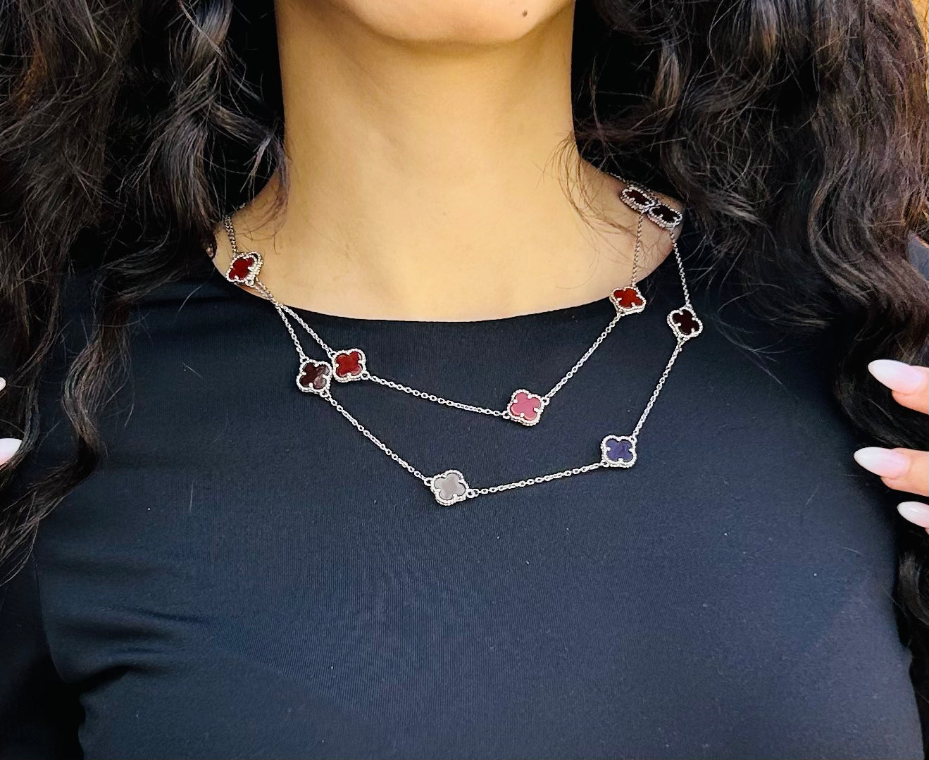 Agate Clover Two Layer Necklace (Sterling Silver)