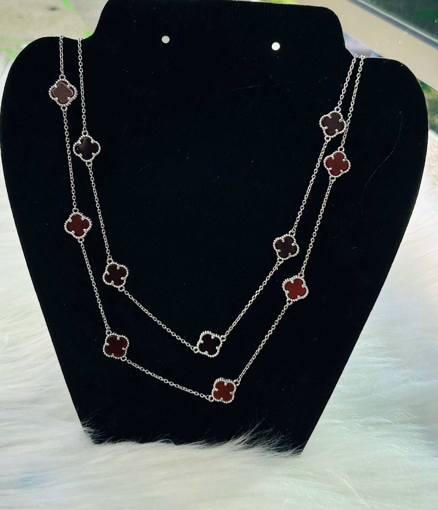 Agate Clover Two Layer Necklace (Sterling Silver)