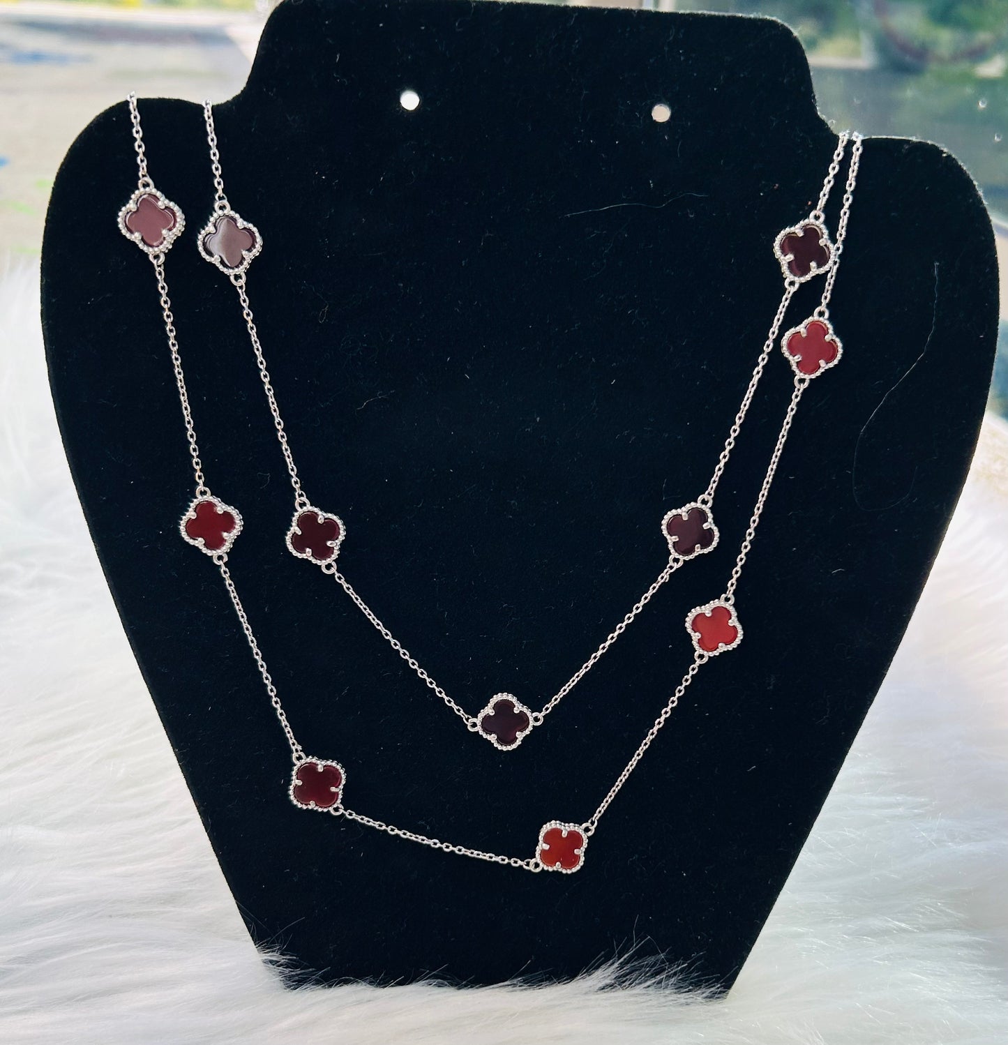 Agate Clover Two Layer Necklace (Sterling Silver)