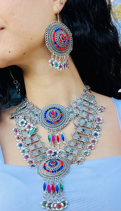 Silver-Plated Multicolour Afghan Jewelry Set