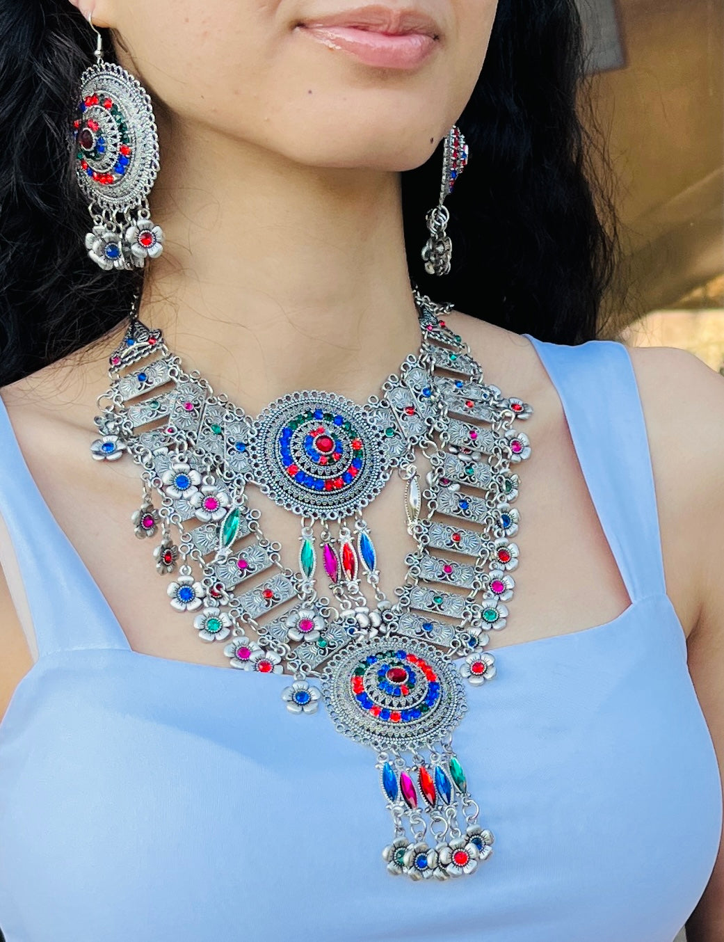 Silver-Plated Multicolour Afghan Jewelry Set